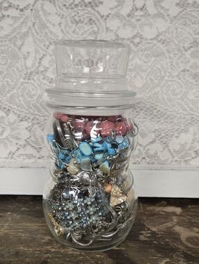 Vintage Snowman Glass Jar Mixed Costume Jewelry Lot